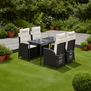 Set da Pranzo da Giardino in Rattan Nero per 4 Persone con Cuscini Bianco Crema, Arredamento Esterno Contemporaneo - Product Image 2