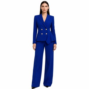 Ensemble <span class=keywords><strong>tailleur</strong></span> deux pièces pour femme, blazer croisé, <span class=keywords><strong>pantalon</strong></span> large, <span class=keywords><strong>bleu</strong></span> <span class=keywords><strong>roi</strong></span>, boutons dorés, ourlet asymétrique, sur mesure, Jinyuan - Product Image 1