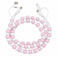 Câble de charge USB Type C 4 en 1 à carreaux roses et blancs avec perles, cordon de transfert de données multi-charge, accessoire de mode