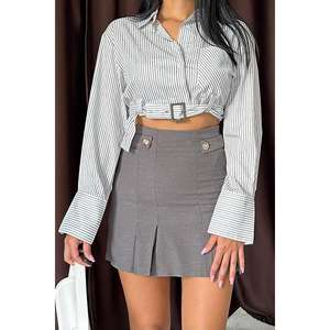High Waist <b>Pleated</b> Skirt Women Polyester Cotton Comfortable Worsted <b>Fabric</b> Gray Mini Skirt With Button Detail - Product Image 1