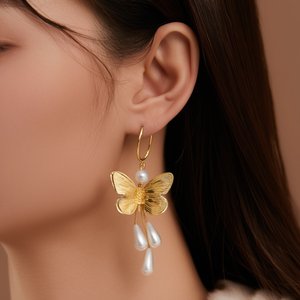 Fashion Romantic Drop <b>Earrings</b> 316L Stainless Steel PVD Gold Plating Butterfly Design Imitation Pearl Dangle Women's Jewelry for - Product Image 3