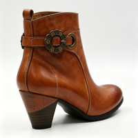 Bottes courtes à bride métallique florale de style antique, conception OEM, pour femmes, imperméables, à bout rond, en cuir, hauteur cheville