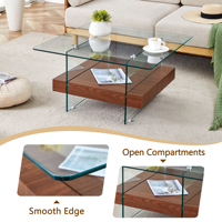Table basse moderne et durable à deux niveaux, verre transparent, texture de panneau en bois foncé, facile à nettoyer, garantie 1 an, pour salon, maison