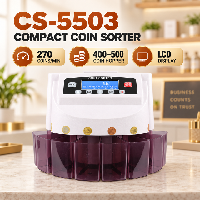 CS-5503 Commercial Coin Counter & Sorter, Smail Mixed Denomination Machine, Quickload Feature for Bank, Store, Supermarket