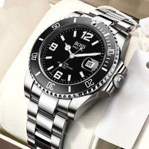 Relojes <span class=keywords><strong>de</strong></span> Lujo para <span class=keywords><strong>Hombre</strong></span> con Bisel Giratorio, Cristal <span class=keywords><strong>de</strong></span> Zafiro, Manecillas Luminosas, Cuarzo, Tono Plateado, Acero Inoxidable - Product Image 1