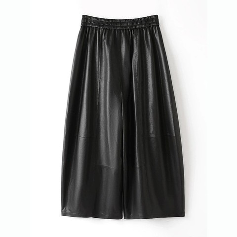HN6603 Women's Veg Tanned Lambskin Leather Pants Mid High Elastic Wide Leg Ankle Length Black Sheep Skin Trousers