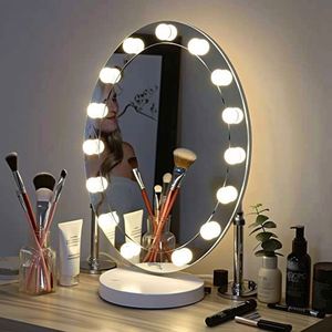 Portable Illuminated High Quality White Round Solid Wood Cosmetic Tabletop <b>Makeup</b> Table Vanity <b>Mirror</b> with <b>Storage</b> <b>LED</b> Lights - Product Image 4