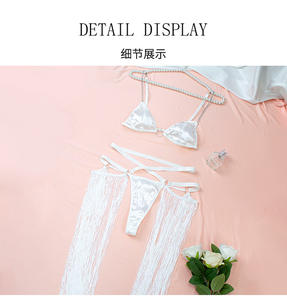 Beyaz seksi zincir kayış uzun püsküller kadınlar seksi kostümleri ile iç çamaşırı seti saten mikro Bikini <span class=keywords><strong>2</strong></span> parça Nighty iç çamaşırı - Product Image 4