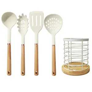 4/5 buah Set peralatan dapur silikon, sendok Spatula silikon tahan panas pegangan kayu silikon