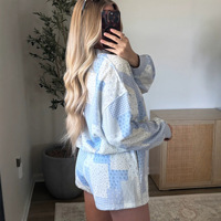 Ensemble de vêtements de détente pour femmes, bleu, patchwork, à carreaux, à rayures, 2 pièces, sweat-shirt à col rond à manches longues, short, tenue décontractée
