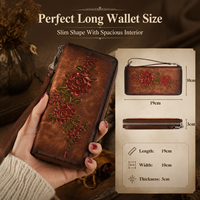 Dompet Kulit Asli Desain Vintage Wanita RFID Blocking Resleting Panjang Kapasitas Besar Dompet Panjang Bermerek dengan Logo Timbul