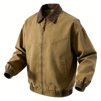 Blouson Bomber en Toile Lavée Style Vintage Personnalisé, Col en Velours Côtelé, Vert Olive, Fermeture Éclair, Décontracté, Résistant à l'Eau et au Vent