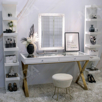 NOVA Table de maquillage en bois massif de style minimaliste 2 tiroirs blanc finition brillante chambre à coucher dressing pieds or/argent