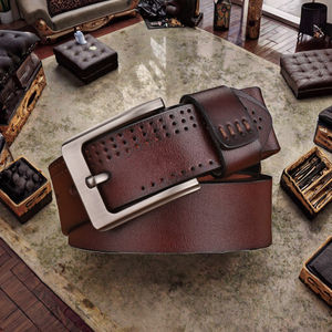 India Wholesale Vintage Custom Alloy Pin Buckle Cow Hide Leather <b>Belt</b> with Engraved Finish 3.8CM Width for Men - Product Image 3