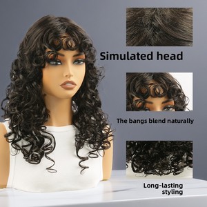 วิกผมลอนยาวแบบเซ็กซี่สำหรับผู้หญิง ผมหยักศกสีดำ หน้าม้าตรง ปิดผมได้ทั้งศีรษะ ทำจากเส้นใยทนความร้อนสูง - Product Image 2
