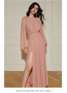 LANCAI CUSTOM Vestido Maxi plisado de manga larga elegante con cinturón Vestido de noche con abertura alta para mujer - Product Image 5