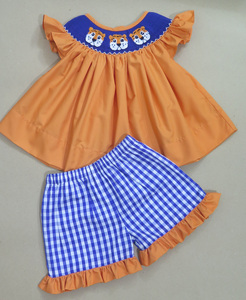 Combinaison orange brodée main pour filles, motif visage de tigre, avec empiècement bleu roi et manches volantées, pour bébés et tout-petits, style bulle d'été - Product Image 5