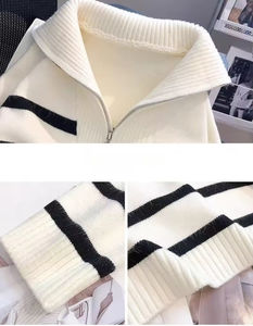 Suéter de punto de manga larga para mujer, con cremallera, a rayas, para otoño e invierno, con interior grueso - Product Image 3