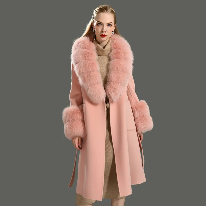 Wholesale Fashion Women Winter Belt Design Long Style Ladies Trench Coat Custom Handmade Double Face Cashmere Wool Coat Women