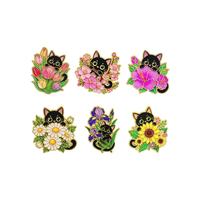 Pin Logam Grosir Motif Kartun, Bros Kucing Hitam Lucu Bermotif Bunga, Pin Kucing Kreatif Cetak UV, Aksesoris Pakaian Fashion