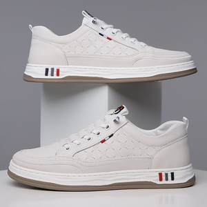 Men's White <b>Sneakers</b> <b>Leather</b> Low Heel Breathable Office Casual Shoes - Product Image 4