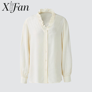 Blusa Corta de Manga Larga con Cuello en V, Estilo Francés, Transpirable, Ecológica, de Viscosa, Corte Holgado, Informal para Mujer, Personalizada de Fábrica - Product Image 2