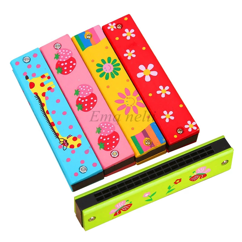 Wholesale cheap high quality16 Holes Children Harmonica Wooden Double Row Blowable Cute Cartoon Pattern music Beginner