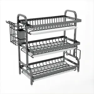 Contenedor de vajilla de Metal Simple, soporte de drenaje para platos con ganchos, estante de almacenamiento para cuchillos, organizador para el hogar y la cocina