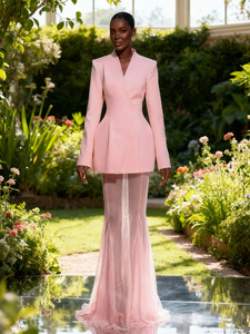 Nuovo Completo Elegante da <span class=keywords><strong>Donna</strong></span> Bettergirl di Alta Qualità, Abito in Raso <span class=keywords><strong>Rosa</strong></span> con Gonna a Sirena in Rete, Vestito Aderente in Due Pezzi - Product Image 1