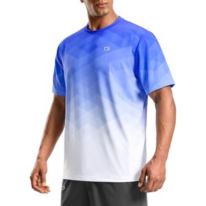Camiseta Deportiva de Manga Corta para Hombre, con Patrón Geométrico Degradado Azul, de Secado Rápido, Corte Regular, Cuello Redondo, Tejido de Poliéster - Product Image 1
