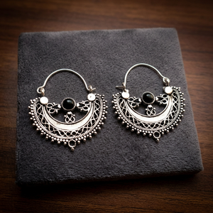 925 Sterling Silver Bohemian Style Hoop Earring <b>Black</b> Onyx Gemstone Classic Wedding Party Gift Brass Material Silver Plated - Product Image 2