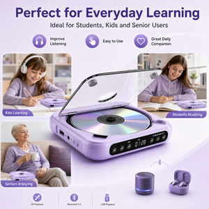 Lecteur <span class=keywords><strong>CD</strong></span> portable rechargeable violet pour l'apprentissage des langues, prend en charge les formats <span class=keywords><strong>CD</strong></span>, MP3, WMA, WAV, <span class=keywords><strong>USB</strong></span>, avec fonction de répétition A-B - Product Image 3