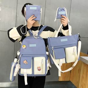 Cross-border New Female College <b>Student</b> <b>Backpack</b> Five-piece Set Korean-style Contrast Canvas Zipper 20-36L Capacity Campus - Product Image 4