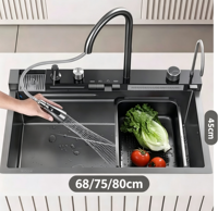 Évier de cuisine multifonctionnel cascade en SUS304 noir nano, cuve unique, fait main, avec poste de travail intégré, garantie 5 ans, à poser sur comptoir