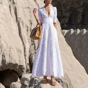 Fall New Arrival Elegant Lace Evening Dress V-neck Waist-hooked Hollow Out French Solid White Color Swing Maxi Dress