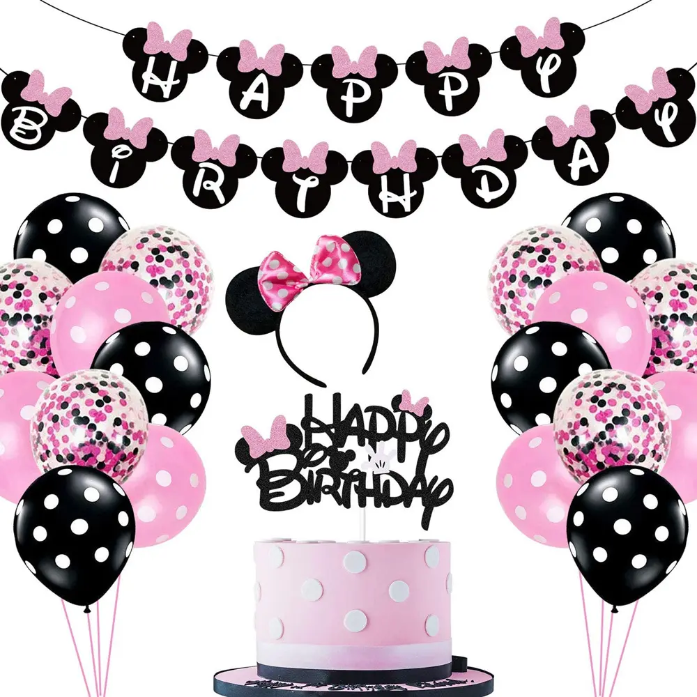 RUI YI topolino torta di compleanno a tema per bambini con set di palloncini banner decorazione per la prima festa di compleanno di Minnie