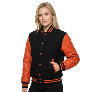 Wholesale Custom College Baseball Varsity Jacket Unisex Chenille Patch Genuine Leather Shell Polyester Lining Front Stand Collar - Product Image 1