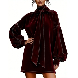 เดรสสั้นผ้ากำมะหยี่ลายสก็อตผูกโบว์สำหรับผู้หญิง - เดรสทรงหลวมแขนพองสไตล์ทูนิคแฟชั่นสำหรับผู้หญิง - Product Image 3