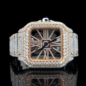 Luxury iced out skeleton wristwatch square dial with Roman numeral crystal bezel silver and <b>rose</b> gold <b>bracelet</b> unisex timepiece - Product Image 1