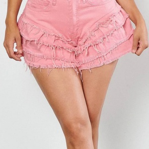 กางเกงยีนส์ขาสั้นเอวสูงสำหรับผู้หญิง OEM ขายดีประจำฤดูร้อน สไตล์ลำลอง เซ็กซี่ แต่งชายระบาย ดีไซน์เก๋ - Product Image 3