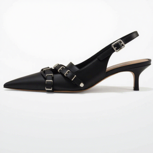 Sandales à <span class=keywords><strong>talon</strong></span> chaton Xinzirain personnalisables pour femmes, grande taille, à bout fermé, en cuir <span class=keywords><strong>noir</strong></span>, à bride unique, style mule - Product Image 1