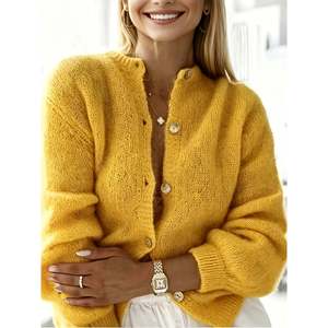 Fuzzy <b>Cropped</b> Button <b>Cardigan</b> <b>Women's</b> Yellow Soft Knit Sweater Top Casual Wear - Product Image 4