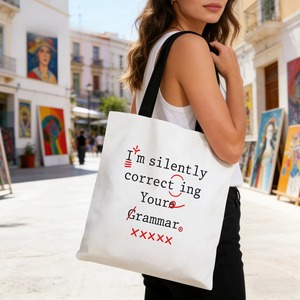 Sac fourre-tout en toile avec citation amusante sur la grammaire : « Je corrige silencieusement votre grammaire », imprimé, réutilisable, sac à bandoulière pour femme, sac de shopping - Product Image 4
