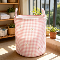 Panier à linge double pliable en toile à carreaux roses avec broderie marguerite, grande capacité, poignées pour vêtements d'enfants et usage domestique