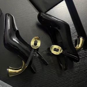 Women's Square Toe Patent Sandals Slingback Style Summer Gold Buckles Back Strap Pumps <b>Hook</b> High Heels <b>Shoes</b> - Product Image 3