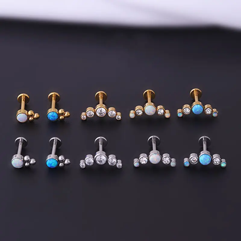 Opal Stone Internal Thread Lip Stud 16gx8mm Stainless Steel Piercing Cartilage Helix Flat Back Earring Jewelry