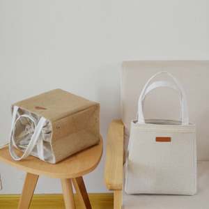 Sac isotherme rétro personnalisé en coton et lin, durable, avec cordon de serrage, pour le stockage des aliments, le déjeuner, le travail, les pique-niques, la plage - Product Image 3