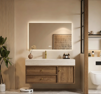 Kabinet Kamar Mandi Kayu Veneer Walnut Modern Berkualitas Tinggi MDF, Kabinet Kamar Mandi Gantung Dinding, Populer untuk Hotel