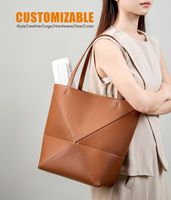 Sac fourre-tout pliable en cuir de vache véritable et polyester, grande capacité, style rétro élégant, avec motifs géométriques et coutures apparentes, modèle 2026