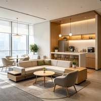 Aménagement intérieur de bureau : îlot central, zones de travail ouvertes, bureaux, salles privées, salles de réunion, mobilier commercial, plan d'aménagement